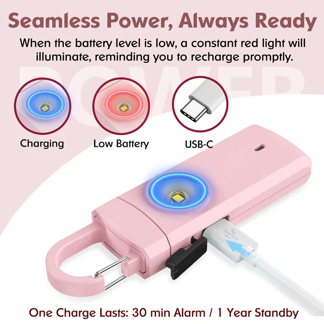 Alt view image 3 of 7 - Rechargeable Personal Alarms for Women, Keychain Siren Alarm with Flashlight, Back to School College Essentials for Daughter, College Students, Teen Girls, Elders, Kids, Travel Essentials, Rose Gold