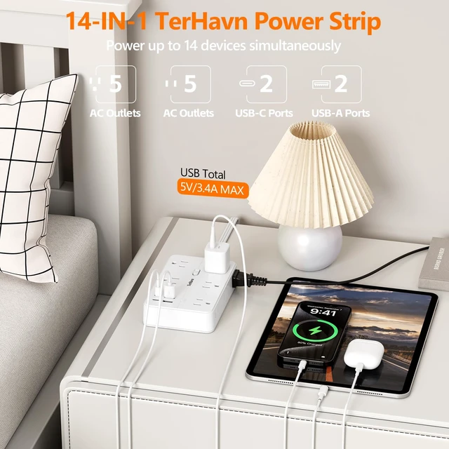Alt view image 2 of 7 - Surge Protector Power Strip 10 FT Flat Extension Cord 10 AC Outlets & 4 USB Ports(5V/3.4A 17W), 1080J Wall Mountable Desktop Charging Station with Flat Plug for Office Supplies and Home, White