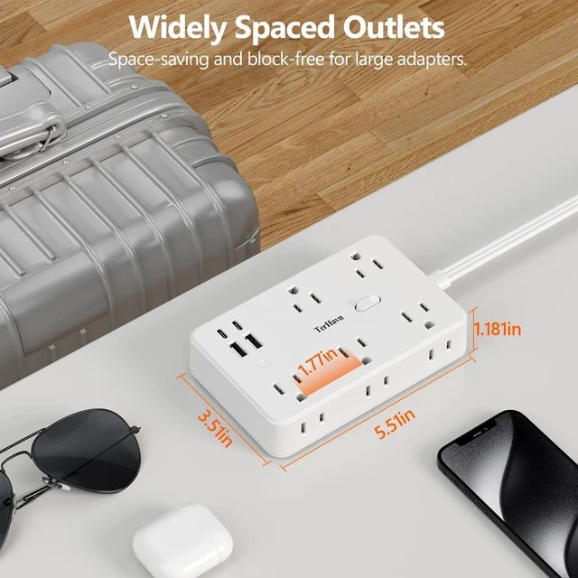 Alt view image 3 of 7 - Surge Protector Power Strip 10 FT Flat Extension Cord 10 AC Outlets & 4 USB Ports(5V/3.4A 17W), 1080J Wall Mountable Desktop Charging Station with Flat Plug for Office Supplies and Home, White