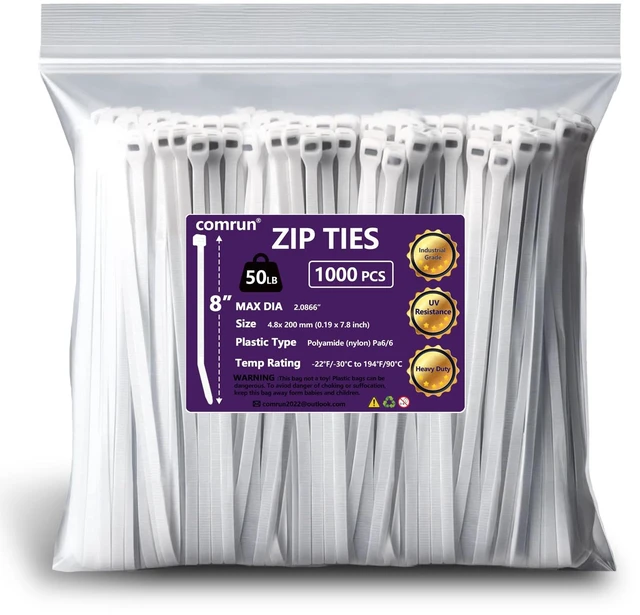 Main image of 1000pcs 8Inch Nylon Zip Ties, 50 Pounds Tensile Strength, Industrial Grade, White Cable Tie Zip, UV Resistant,Heavy Duty,for Home,Garden Trellis,Office,Garage and Workshop