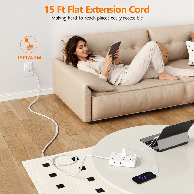 Alt view image 7 of 7 - Surge Protector Power Strip 10 FT Flat Extension Cord 10 AC Outlets & 4 USB Ports(5V/3.4A 17W), 1080J Wall Mountable Desktop Charging Station with Flat Plug for Office Supplies and Home, White