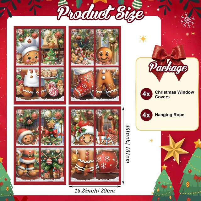 Alt view image 3 of 7 - 4 Pcs Christmas Gingerbread Man Curtain Window Silhouette Decor 31" x 47" Warm Holiday Windows Silhouette, Gingerbread Man Cling Door Cover, Indoor Outdoor Christmas Party Decorations