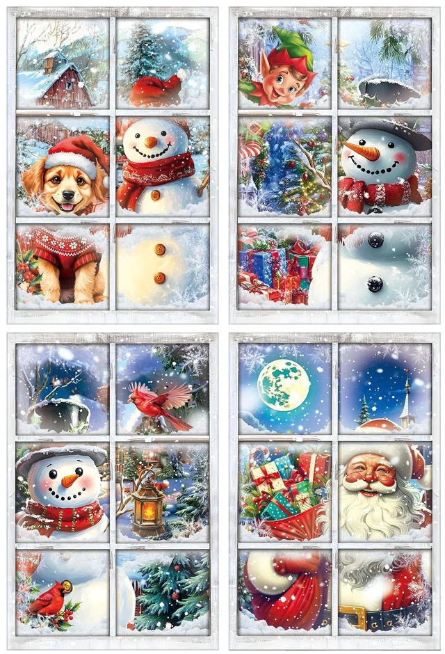 Main image of 4 Pcs Christmas Snowman Curtain Window Silhouette Decoration 31"x47" Warm Holiday Window Silhouette, Snowman Cling Door Cover, Winter Poster Screen, Indoor Outdoor Christmas Party Decor