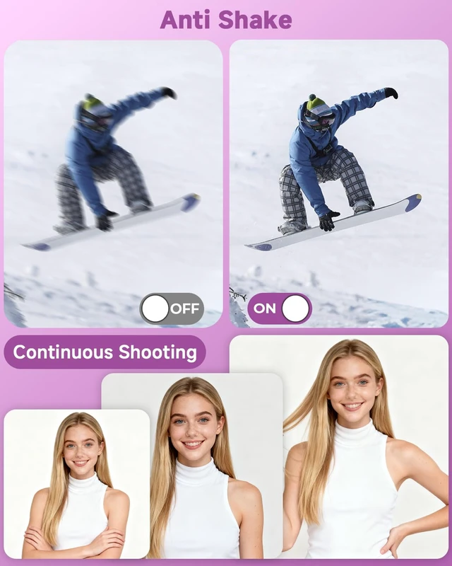 Alt view image 3 of 7 - Digital Camera, 44MP FHD 1080P Digital Point and Shoot Camera with Anti Shake, Smile Capture 16X Zoom, Compact Small Camera for Teens Girls Kids Adults(Purple)