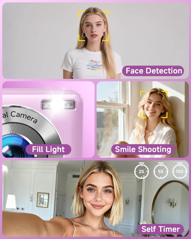 Alt view image 6 of 7 - Digital Camera, 44MP FHD 1080P Digital Point and Shoot Camera with Anti Shake, Smile Capture 16X Zoom, Compact Small Camera for Teens Girls Kids Adults(Purple)