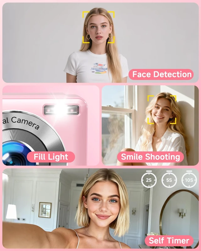 Alt view image 6 of 7 - Digital Camera, 44MP FHD 1080P Digital Point and Shoot Camera with Anti Shake, Smile Capture 16X Zoom, Compact Small Camera for Teens Girls Kids Adults(Pink)
