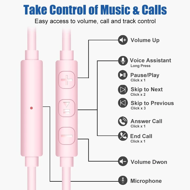 Alt view image 6 of 7 - Wired Over Ear Earbuds Headphones with Mic and Volume Control Pink Wrap Around Ear Hook Secure Fit, Earphone Case, Sport Running Exercise Gym Workout Sweatproof, For Cellphones Laptops Tablets
