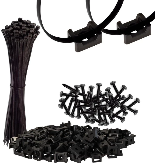 Main image of 8 Inch Black Nylon Zip Ties, Saddle Mounts & Screws, 100 Pack, 50lb Self-Locking Nylon Cable Ties with Screw-Mount Saddle Anchors and Screws