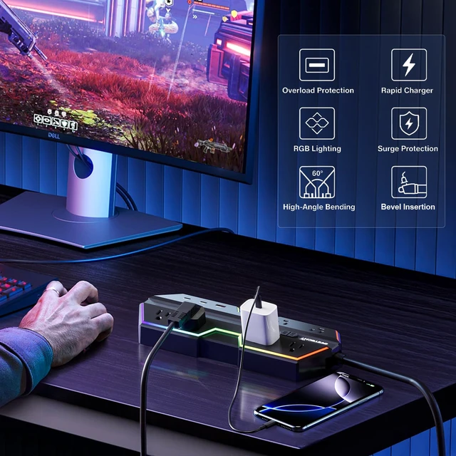 Alt view image 5 of 7 - PD 65W Surge Protector Gaming Power Strip RGB Lights Black Fast Charging, 6AC 3 USB Ports, Wide-Spaced Outlet RGB Lights, 6 Ft Extension Cord, Compatible Home and Offices