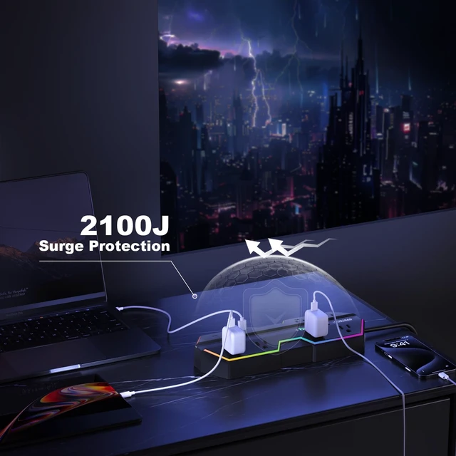 Alt view image 6 of 7 - PD 65W Surge Protector Gaming Power Strip RGB Lights Black Fast Charging, 6AC 3 USB Ports, Wide-Spaced Outlet RGB Lights, 6 Ft Extension Cord, Compatible Home and Offices