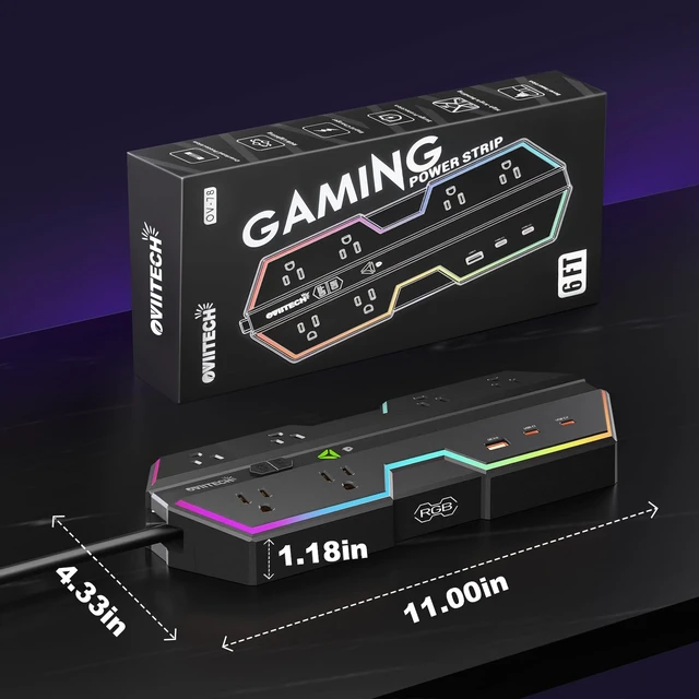 Alt view image 7 of 7 - PD 65W Surge Protector Gaming Power Strip RGB Lights Black Fast Charging, 6AC 3 USB Ports, Wide-Spaced Outlet RGB Lights, 6 Ft Extension Cord, Compatible Home and Offices