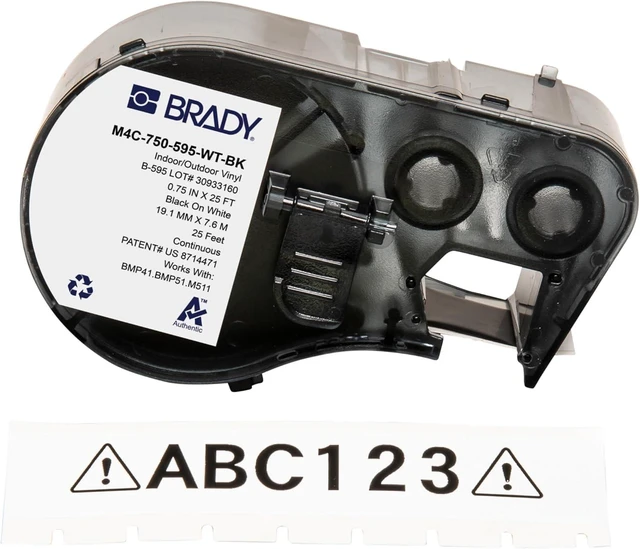 Main image of Authentic (M4C-750-595-WT-BK) All-Weather Vinyl Labels 0.75 in W x 25ft Black on White. for use with BMP41, BMP51, M410, M510, and M511 Label Printers