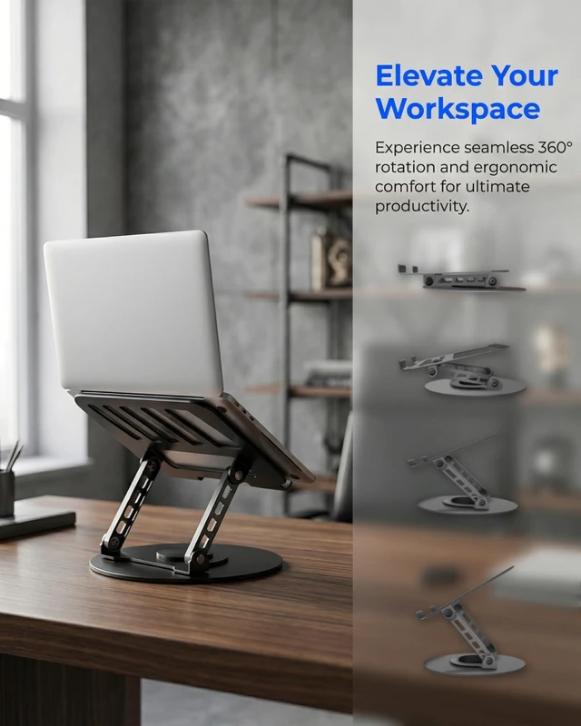 Alt view image 3 of 7 - Compatible 360° Rotating Adjustable Laptop Stand, Fully Foldable Dual Rotary Shaft Laptop Riser Portable Standing Desk, Fits MacBook & All 10-15 Inch Laptops - Black