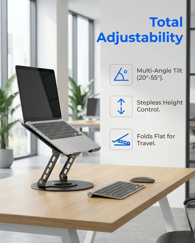 Alt view image 2 of 7 - Compatible 360° Rotating Adjustable Laptop Stand, Fully Foldable Dual Rotary Shaft Laptop Riser Portable Standing Desk, Fits MacBook & All 10-15 Inch Laptops - Black