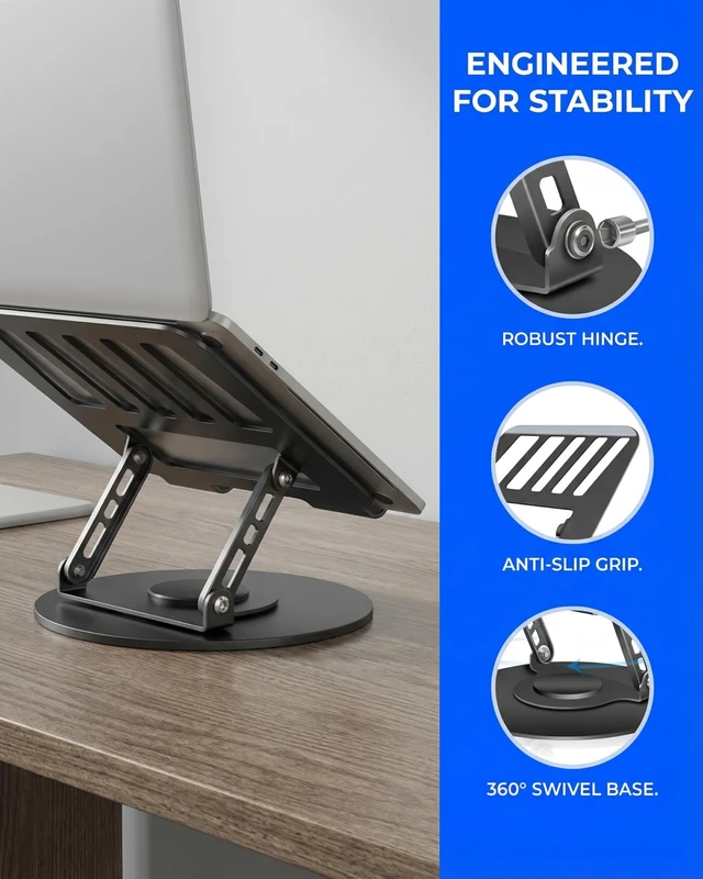 Alt view image 4 of 7 - Compatible 360° Rotating Adjustable Laptop Stand, Fully Foldable Dual Rotary Shaft Laptop Riser Portable Standing Desk, Fits MacBook & All 10-15 Inch Laptops - Black