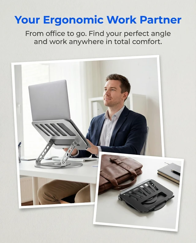 Alt view image 7 of 7 - Compatible 360° Rotating Adjustable Laptop Stand, Fully Foldable Dual Rotary Shaft Laptop Riser Portable Standing Desk, Fits MacBook & All 10-15 Inch Laptops - Grey