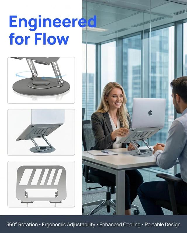 Alt view image 3 of 7 - Compatible 360° Rotating Adjustable Laptop Stand, Fully Foldable Dual Rotary Shaft Laptop Riser Portable Standing Desk, Fits MacBook & All 10-15 Inch Laptops - Grey