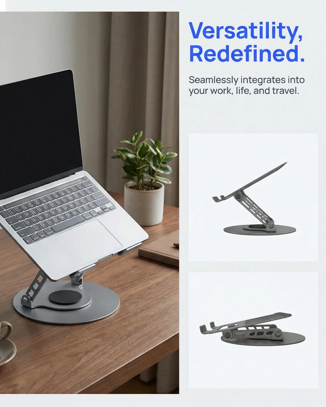 Alt view image 4 of 7 - Compatible 360° Rotating Adjustable Laptop Stand, Fully Foldable Dual Rotary Shaft Laptop Riser Portable Standing Desk, Fits MacBook & All 10-15 Inch Laptops - Grey