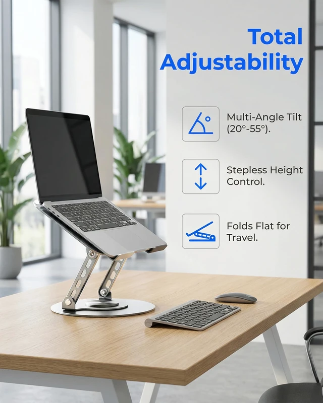 Alt view image 5 of 7 - Compatible 360° Rotating Adjustable Laptop Stand, Fully Foldable Dual Rotary Shaft Laptop Riser Portable Standing Desk, Fits MacBook & All 10-15 Inch Laptops - Grey