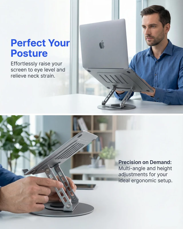 Alt view image 6 of 7 - Compatible 360° Rotating Adjustable Laptop Stand, Fully Foldable Dual Rotary Shaft Laptop Riser Portable Standing Desk, Fits MacBook & All 10-15 Inch Laptops - Grey