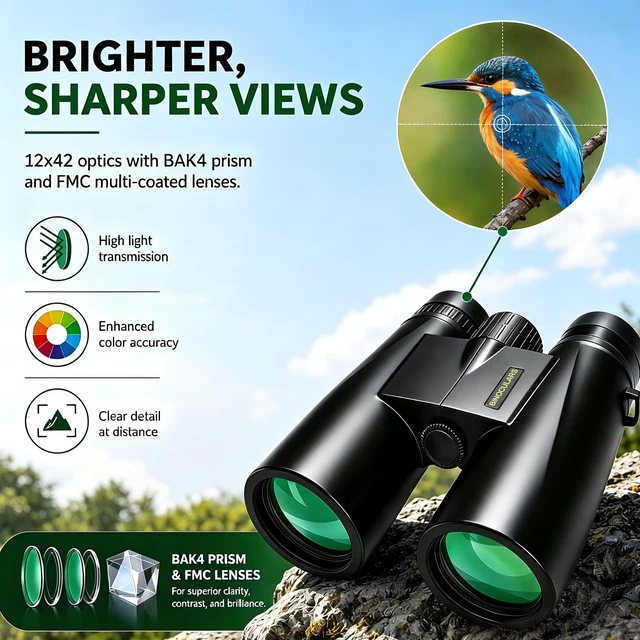 Alt view image 3 of 7 - 12x42 Binoculars for Adults, HD BAK4 Prism for Bird Watching High Powered Large Eyepiece, Lightweight Design for Travel, Hunting, Camping and Sports with Clear Viewing Experience