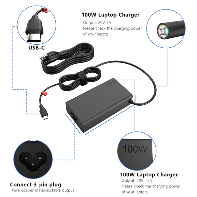 Alt view image 2 of 6 - USB C Laptop Charger 100W Fast Charger Replacement for Thinkpad IdeaPad Yoga Series Type C Charger AC Adapters