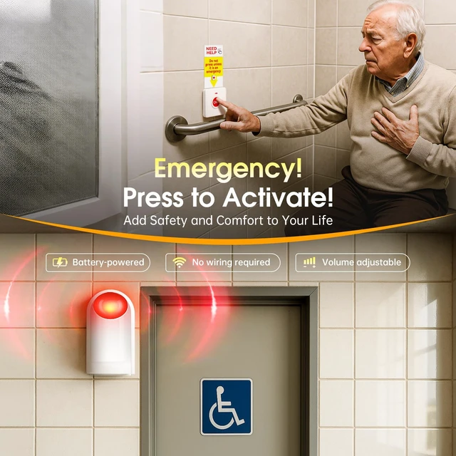 Alt view image 2 of 7 - Panic Button Alarm Wireless Emergency Call System for Elderly & Disabled, Battery Powered, 130dB Adjustable Volume, 350ft Range for Bathroom, Home, Warehouse & More (1 Siren+1 Buttons)
