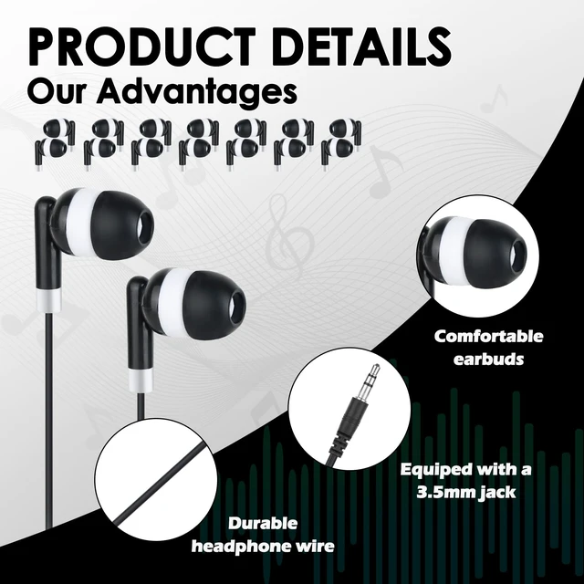 Alt view image 3 of 7 - Bulk Kids Earbuds for School Classroom Students 200 Pack,Wired Wholesale In-Ear Earphones for School Library Computers Chromebook Laptop PC 3.5 mm Jack (Black)