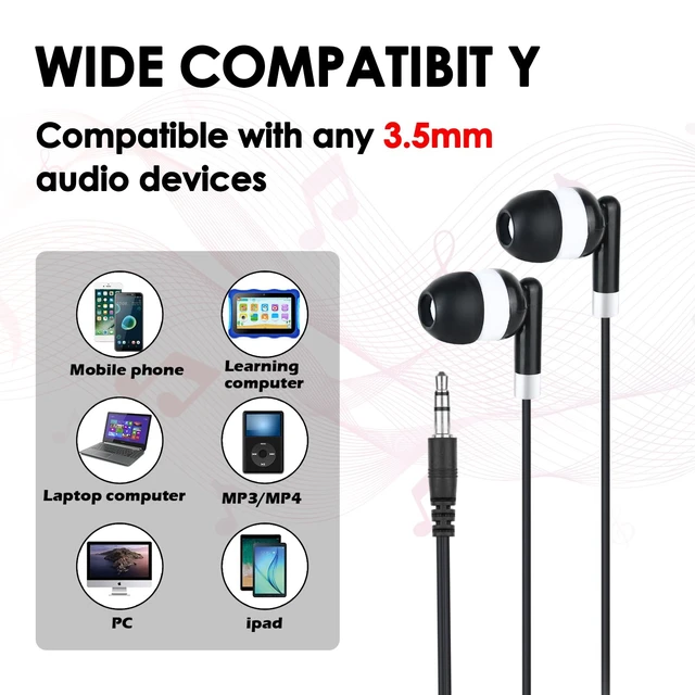 Alt view image 4 of 7 - Bulk Kids Earbuds for School Classroom Students 200 Pack,Wired Wholesale In-Ear Earphones for School Library Computers Chromebook Laptop PC 3.5 mm Jack (Black)