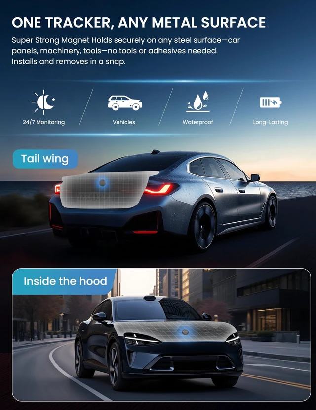 Alt view image 2 of 7 - GPS Tracker for Vehicles iOS & Android, Undetectable Mini Hidden Magnetic Locator, No Monthly Fee/No SIM Card, Silicone Case & Keychain Clip Included, Ultra-Slim, IP68 Waterproof, 1 Year Working Time