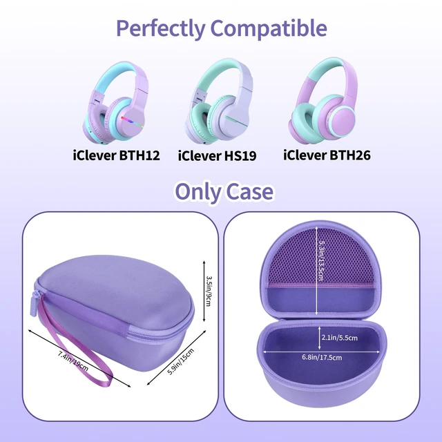 Alt view image 2 of 7 - Case for iClever BTH12/HS19/BTH26 Kids Headphones, Purple Protective Carrying Bag Hard Shell Shockproof, Portable Headphone Storage with Mesh Bag Lightweight Boys &Girls