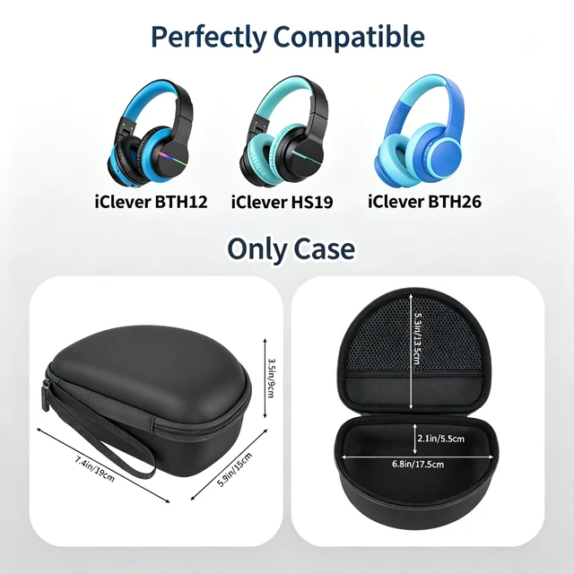 Alt view image 2 of 7 - Case for iClever BTH12/HS19/BTH26 Kids Headphones, Black Protective Carrying Bag Hard Shell Shockproof, Portable Headphone Storage with Mesh Bag Lightweight Boys &Girls
