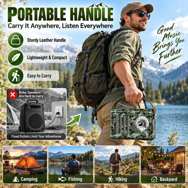 Alt view image 4 of 7 - Portable FM Radio with Bluetooth,Over 20 Hrs Playtime,Camo Vintage radio bluetooth speaker with Soft Handle, Powerfull Sound for Camping, Fishing, Backyard, Garage & Outdoor Listening