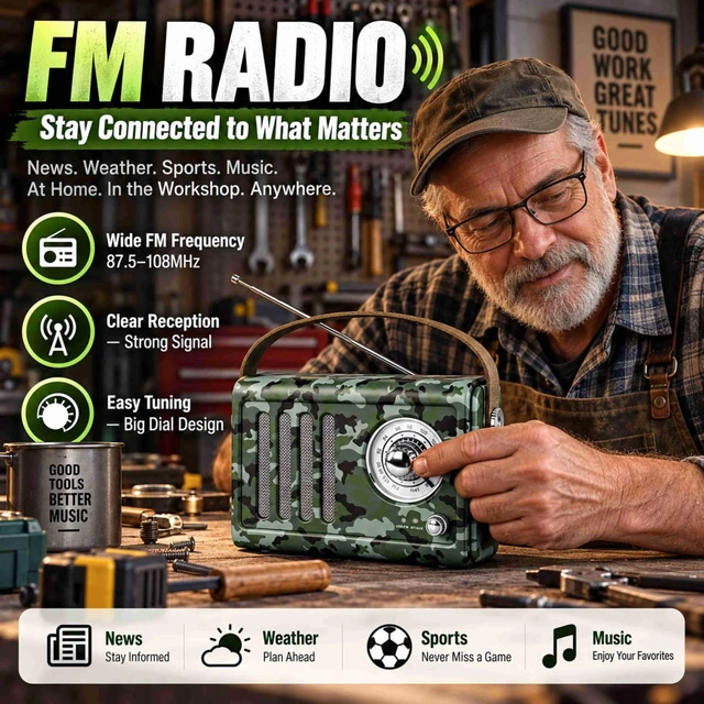 Alt view image 3 of 7 - Portable FM Radio with Bluetooth,Over 20 Hrs Playtime,Camo Vintage radio bluetooth speaker with Soft Handle, Powerfull Sound for Camping, Fishing, Backyard, Garage & Outdoor Listening