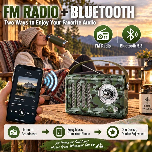 Alt view image 5 of 7 - Portable FM Radio with Bluetooth,Over 20 Hrs Playtime,Camo Vintage radio bluetooth speaker with Soft Handle, Powerfull Sound for Camping, Fishing, Backyard, Garage & Outdoor Listening
