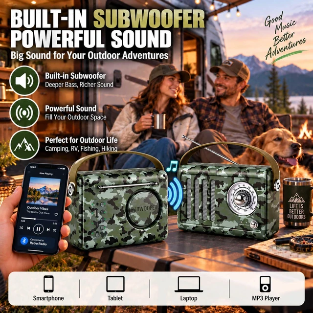 Alt view image 6 of 7 - Portable FM Radio with Bluetooth,Over 20 Hrs Playtime,Camo Vintage radio bluetooth speaker with Soft Handle, Powerfull Sound for Camping, Fishing, Backyard, Garage & Outdoor Listening
