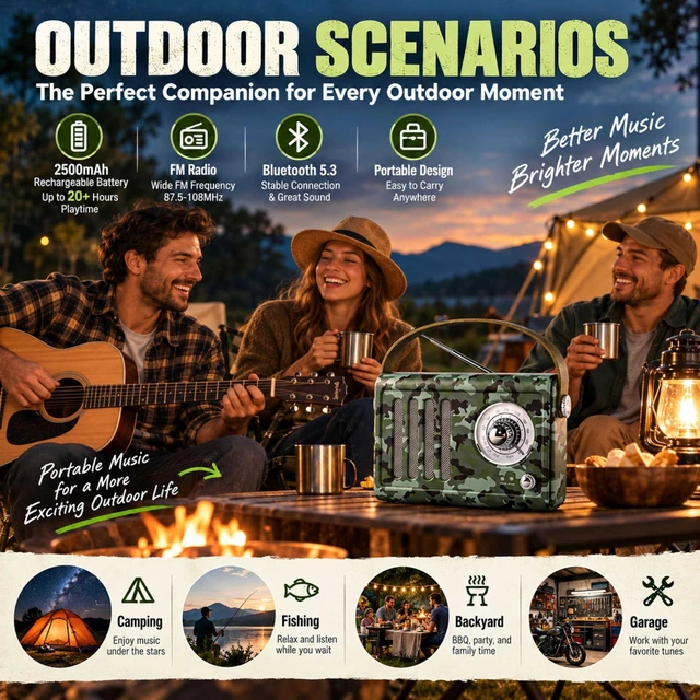Alt view image 7 of 7 - Portable FM Radio with Bluetooth,Over 20 Hrs Playtime,Camo Vintage radio bluetooth speaker with Soft Handle, Powerfull Sound for Camping, Fishing, Backyard, Garage & Outdoor Listening