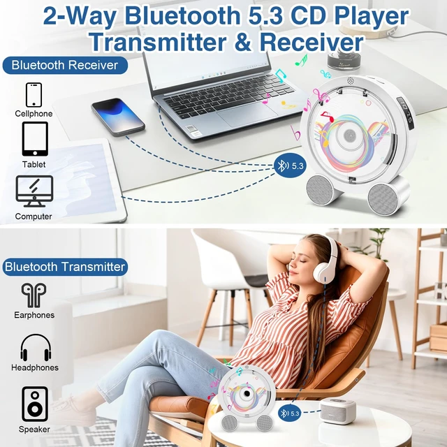 Alt view image 3 of 7 - Portable CD Player with Bluetooth 5.3, FM Radio, Boombox, Rechargeable Built-in 4000mAh Battery, 5 EQ Modes, Remote Control, Sleep Timer, AUX/USB, Compact Portable Radio, Gift for Kids, Family