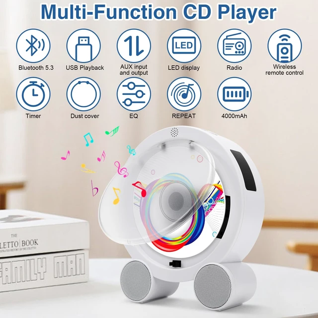 Alt view image 2 of 7 - Portable CD Player with Bluetooth 5.3, FM Radio, Boombox, Rechargeable Built-in 4000mAh Battery, 5 EQ Modes, Remote Control, Sleep Timer, AUX/USB, Compact Portable Radio, Gift for Kids, Family
