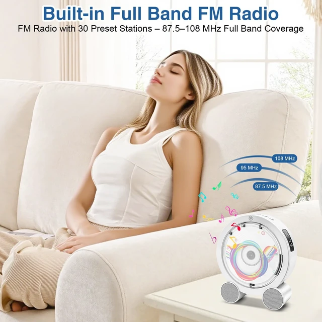 Alt view image 5 of 7 - Portable CD Player with Bluetooth 5.3, FM Radio, Boombox, Rechargeable Built-in 4000mAh Battery, 5 EQ Modes, Remote Control, Sleep Timer, AUX/USB, Compact Portable Radio, Gift for Kids, Family