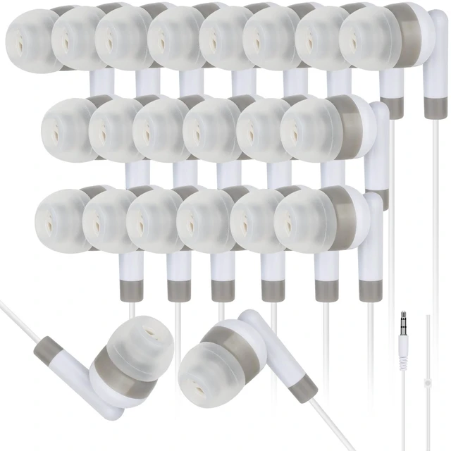 Main image of 100 Pack Bulk Kids Earbuds for Classroom School Student,Wired In Ear Headphones,Wholesale Earphones for Chromebook Laptop PC,3.5mm Jack,Individually Bagged (White)