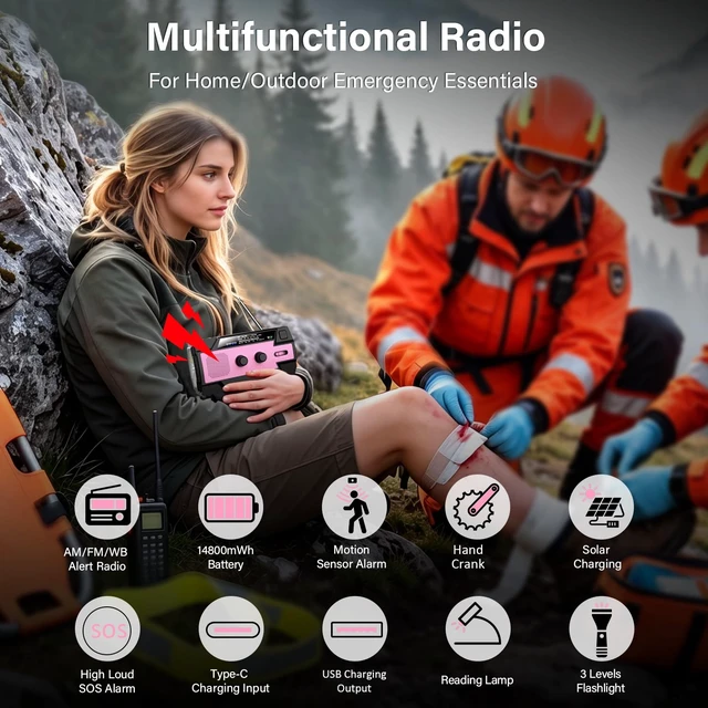 Alt view image 2 of 7 - Emergency Radio with Motion Sensor Alarm, AM FM NOAA Weather Radio 14800mWh Crank Radio with Solar & Type-C Phone Charging, SOS Alarm, Flashlight, Reading Lamp for Home Outdoor Emergencies