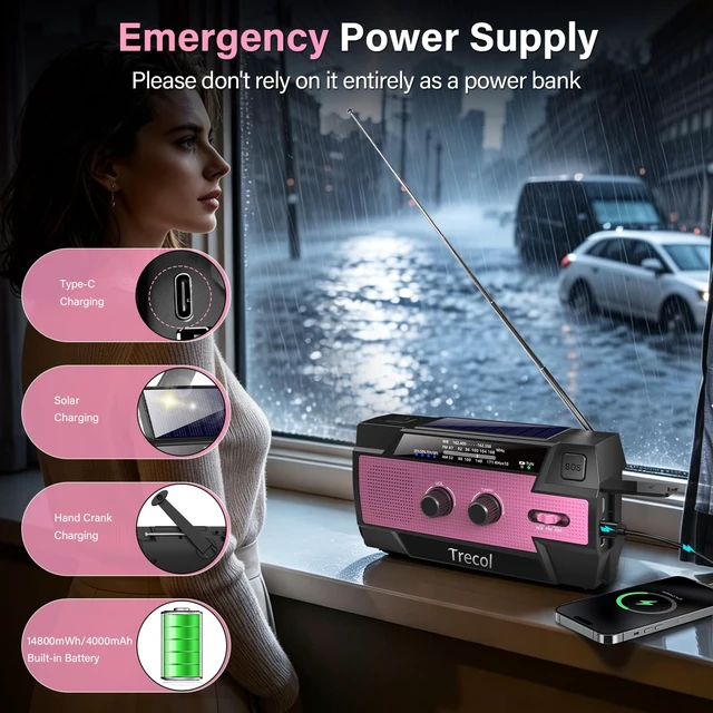 Alt view image 6 of 7 - Emergency Radio with Motion Sensor Alarm, AM FM NOAA Weather Radio 14800mWh Crank Radio with Solar & Type-C Phone Charging, SOS Alarm, Flashlight, Reading Lamp for Home Outdoor Emergencies