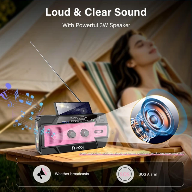 Alt view image 7 of 7 - Emergency Radio with Motion Sensor Alarm, AM FM NOAA Weather Radio 14800mWh Crank Radio with Solar & Type-C Phone Charging, SOS Alarm, Flashlight, Reading Lamp for Home Outdoor Emergencies