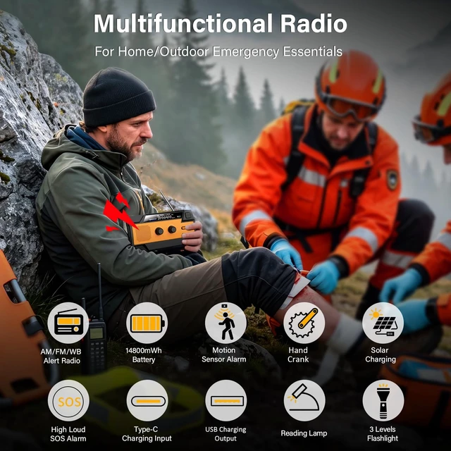 Alt view image 2 of 7 - Emergency Radio with Motion Sensor Alarm, NOAA Weather Radio Solar Crank 14800mWh Portable AM FM Radio Type-C Phone Charging, SOS Alarm, Flashlight, Reading Lamp for Home Outdoor Emergencies