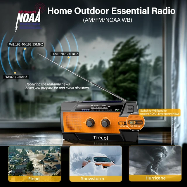 Alt view image 4 of 7 - Emergency Radio with Motion Sensor Alarm, NOAA Weather Radio Solar Crank 14800mWh Portable AM FM Radio Type-C Phone Charging, SOS Alarm, Flashlight, Reading Lamp for Home Outdoor Emergencies