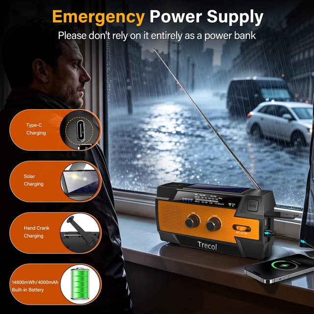Alt view image 6 of 7 - Emergency Radio with Motion Sensor Alarm, NOAA Weather Radio Solar Crank 14800mWh Portable AM FM Radio Type-C Phone Charging, SOS Alarm, Flashlight, Reading Lamp for Home Outdoor Emergencies