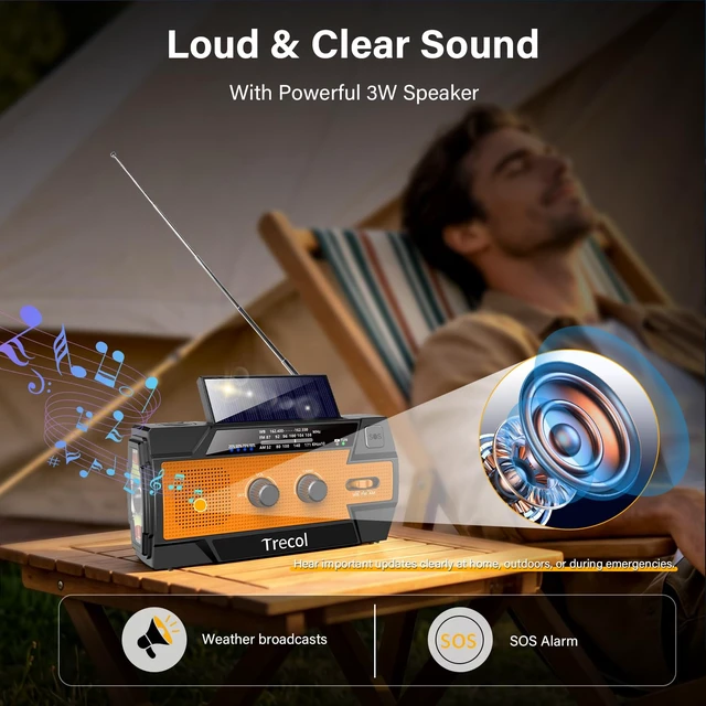 Alt view image 7 of 7 - Emergency Radio with Motion Sensor Alarm, NOAA Weather Radio Solar Crank 14800mWh Portable AM FM Radio Type-C Phone Charging, SOS Alarm, Flashlight, Reading Lamp for Home Outdoor Emergencies