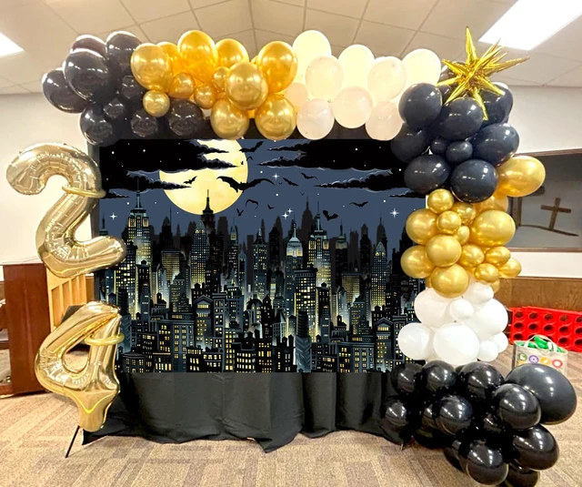 Alt view image 3 of 7 - Super City Superhero Backdrop 8x6FT Yellow Full Moon Skyline Cityscape Theme Photography Background Boys Birthday Party Cake Table Decorations Banner Photo Props