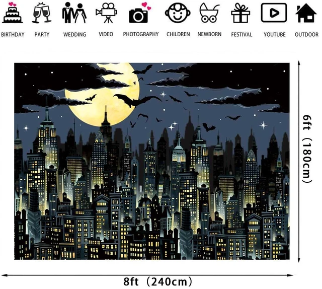 Alt view image 6 of 7 - Super City Superhero Backdrop 8x6FT Yellow Full Moon Skyline Cityscape Theme Photography Background Boys Birthday Party Cake Table Decorations Banner Photo Props
